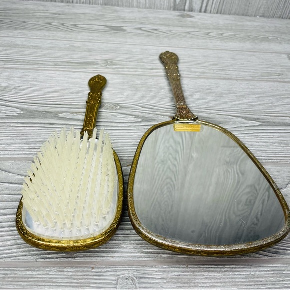 Rare 1950s Matson Vanity Hand Mirror Hair Brush Set rose flower 24k Gold Plated - Picture 8 of 16